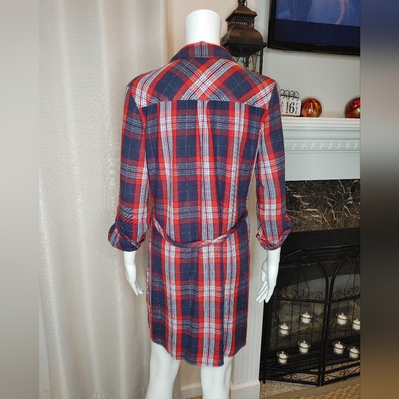 BANANA REPUBLIC PLAID FLANNEL BELTED SHIRT DRESS, PLAID RED 4 - Picture 7 of 12